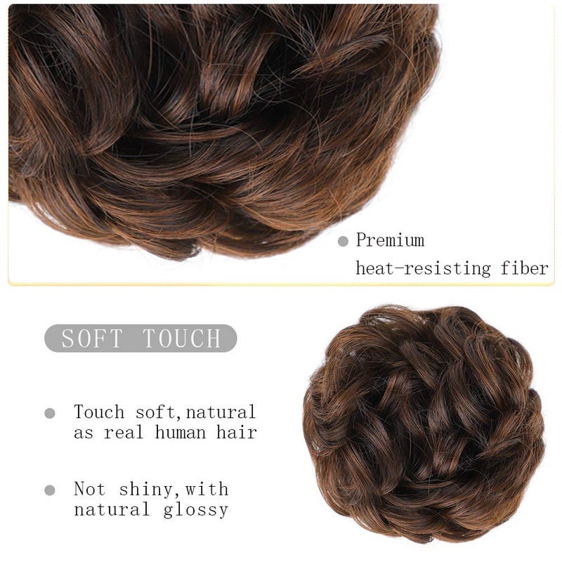 MORICA 2PCS Messy Bun Hair Piece, Fake Hair Extension Curly Wavy Synthetic Chignon Scrunchies Ponytail Hair Pieces for Thin Hair, Women (Dark Brown & Light Auburn Mixed) - Image 3